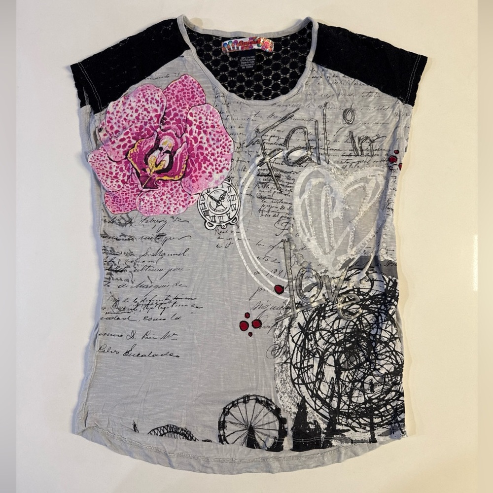 *Desigual women' t-shirt size XS Gray multi color Flower Fall in Love